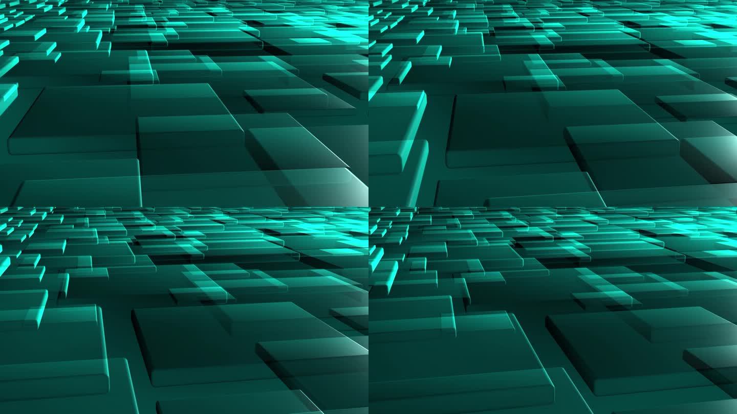 抽象的背景与缓慢飞行的玻璃方块与光反射镜面。青色形状动画在数字空间背景有关计算机技术或艺术。