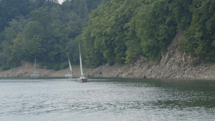 暑假在湖边。帆船在海边的水面上航行