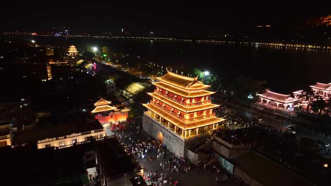 航拍潮州古城广济桥广济门灯光夜景