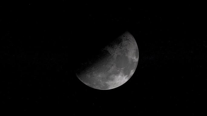 月球在黑暗的外太空漂浮的电影镜头。月圆时的景象。