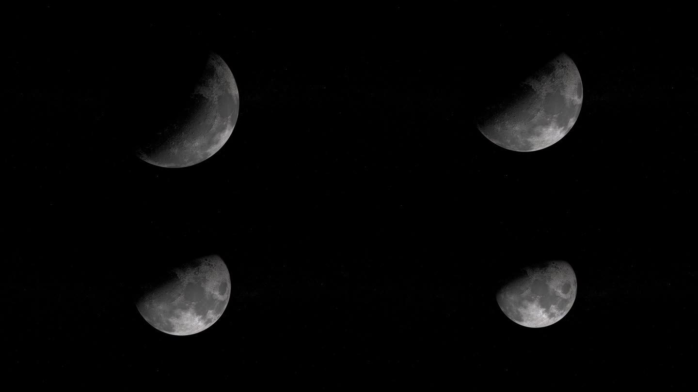 月球在黑暗的外太空漂浮的电影镜头。月圆时的景象。