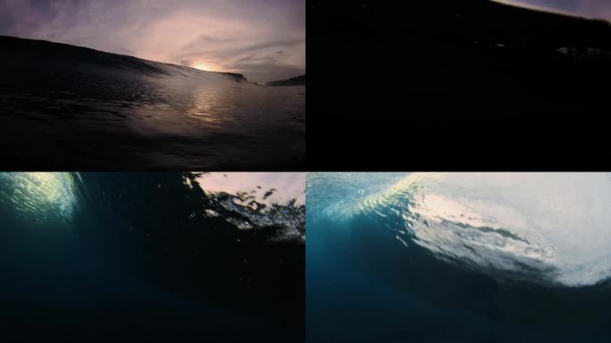 水下海浪与日落。透明的水和破碎的桶浪