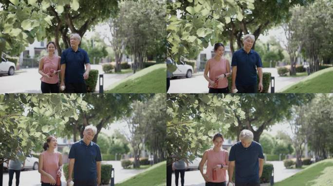 快乐的亚洲老年父亲和成年女儿在夏天的早晨一起在公园做运动。