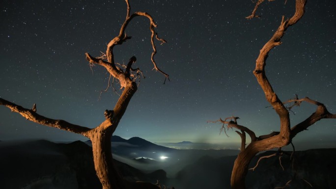 伊真火山是印度尼西亚夜空下的标志性创造者。枯树在星光下创造了动态前景，云和硫磺烟在创造者的边缘倾泻而