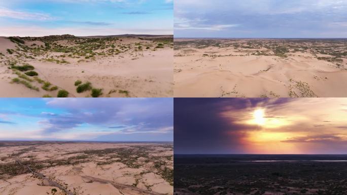 沙漠夕阳航拍 毛乌素沙漠航拍