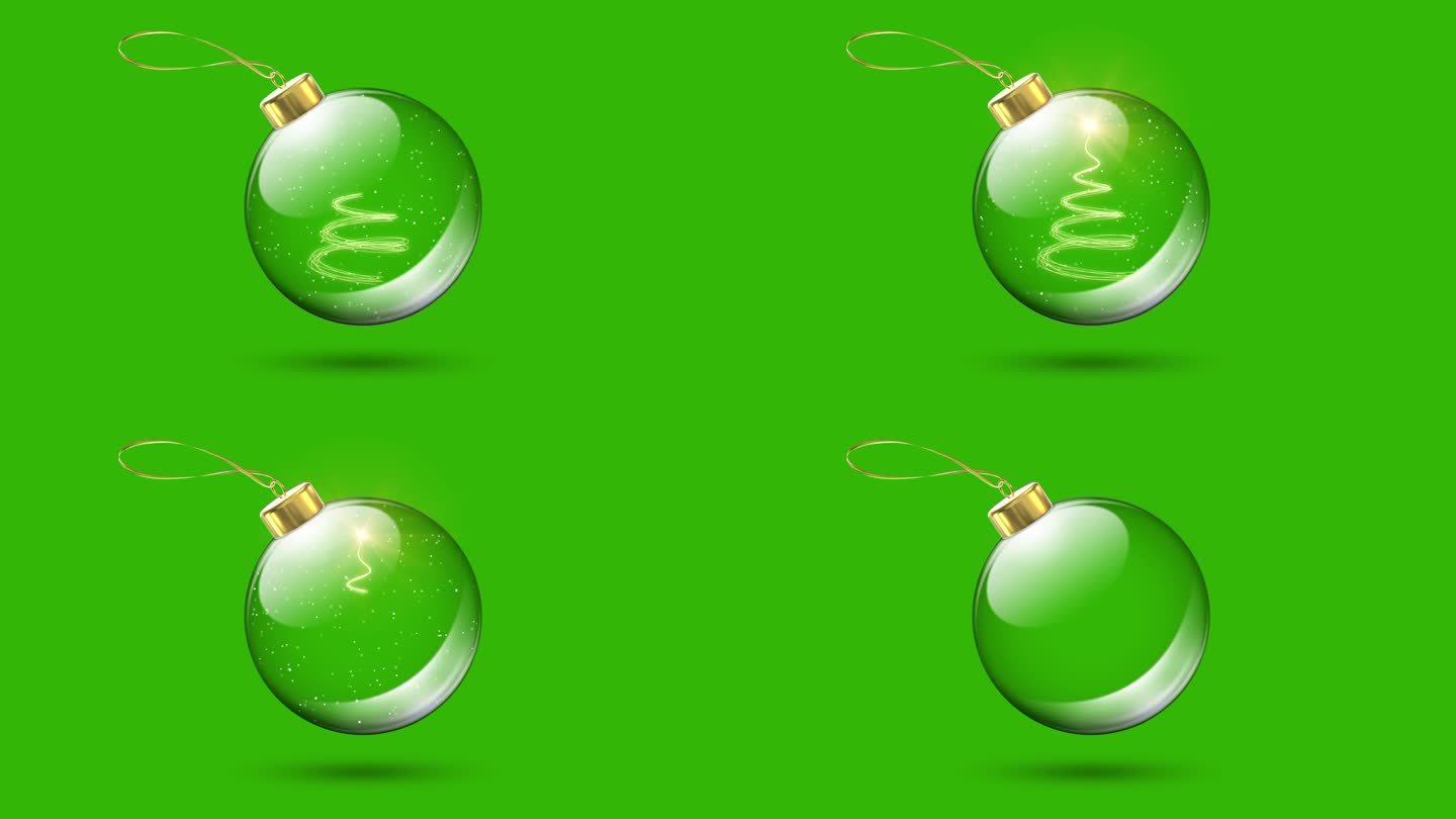 循环4k玻璃圣诞球动画隔离在绿色色度键的背景下，里面的雪和冷杉树烟花。