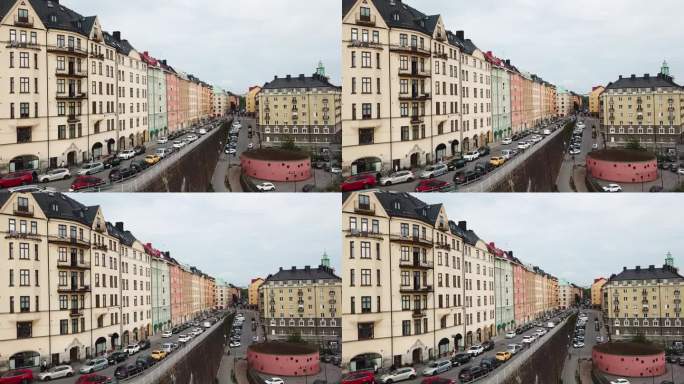 无人机拍摄了斯德哥尔摩住宅区Karlberg的宁静氛围，展示了雨后闪闪发光的街道和古雅的建筑。