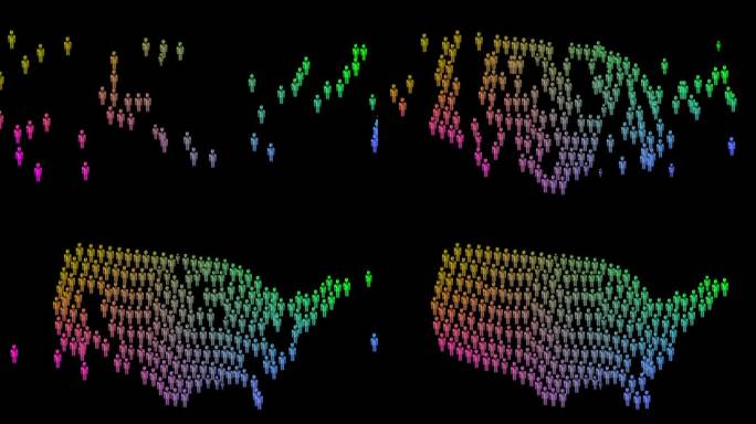 美国人地图概念。大量的图标在黑色背景上形成国家符号。美国地图中的美国居民，人口统计和美国社区。三维动