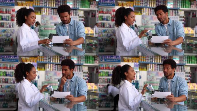 黑人药剂师在药店向男顾客解释处方药的用法