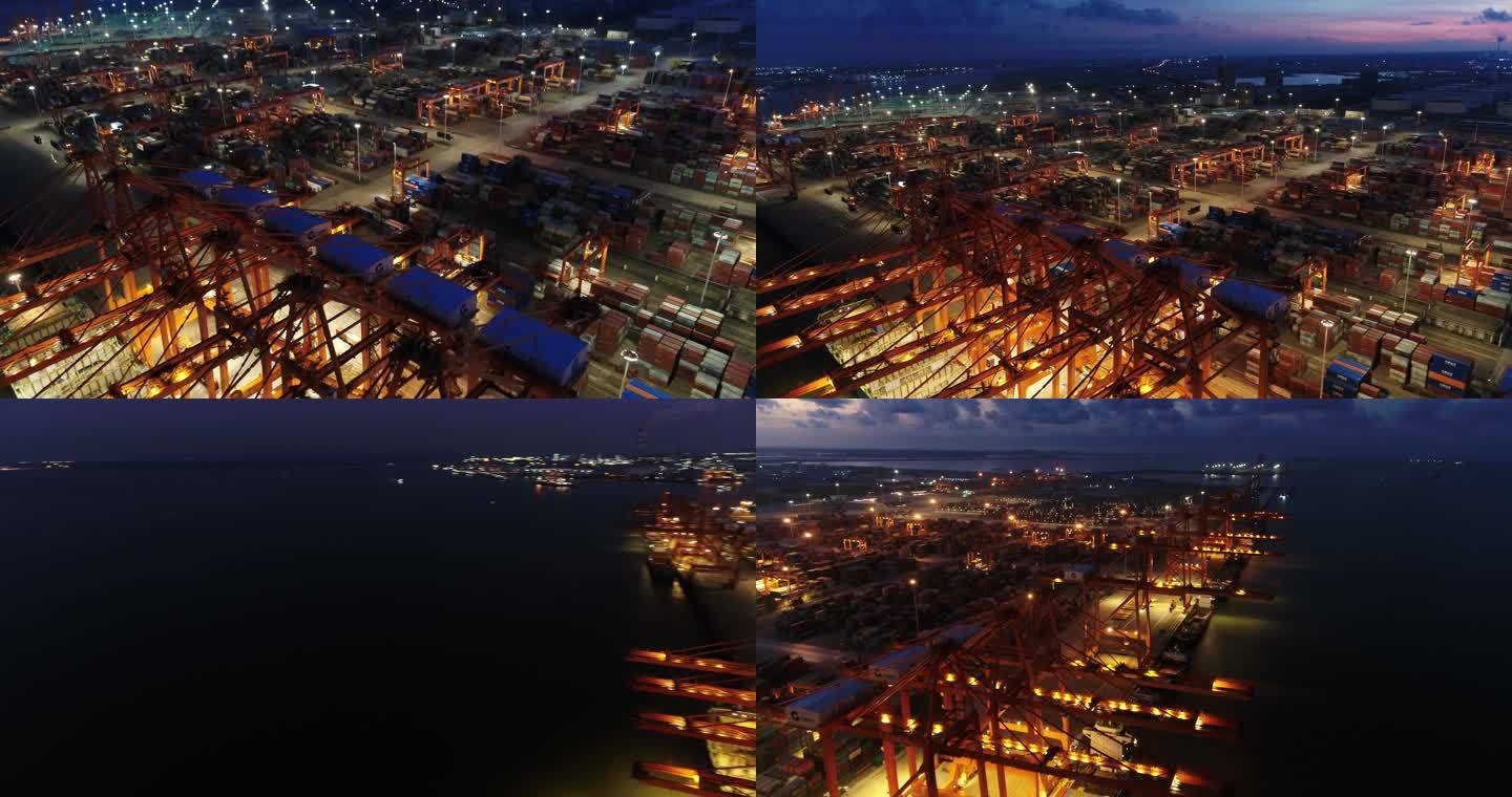 北部湾港钦州港区集装箱码头夜景航拍