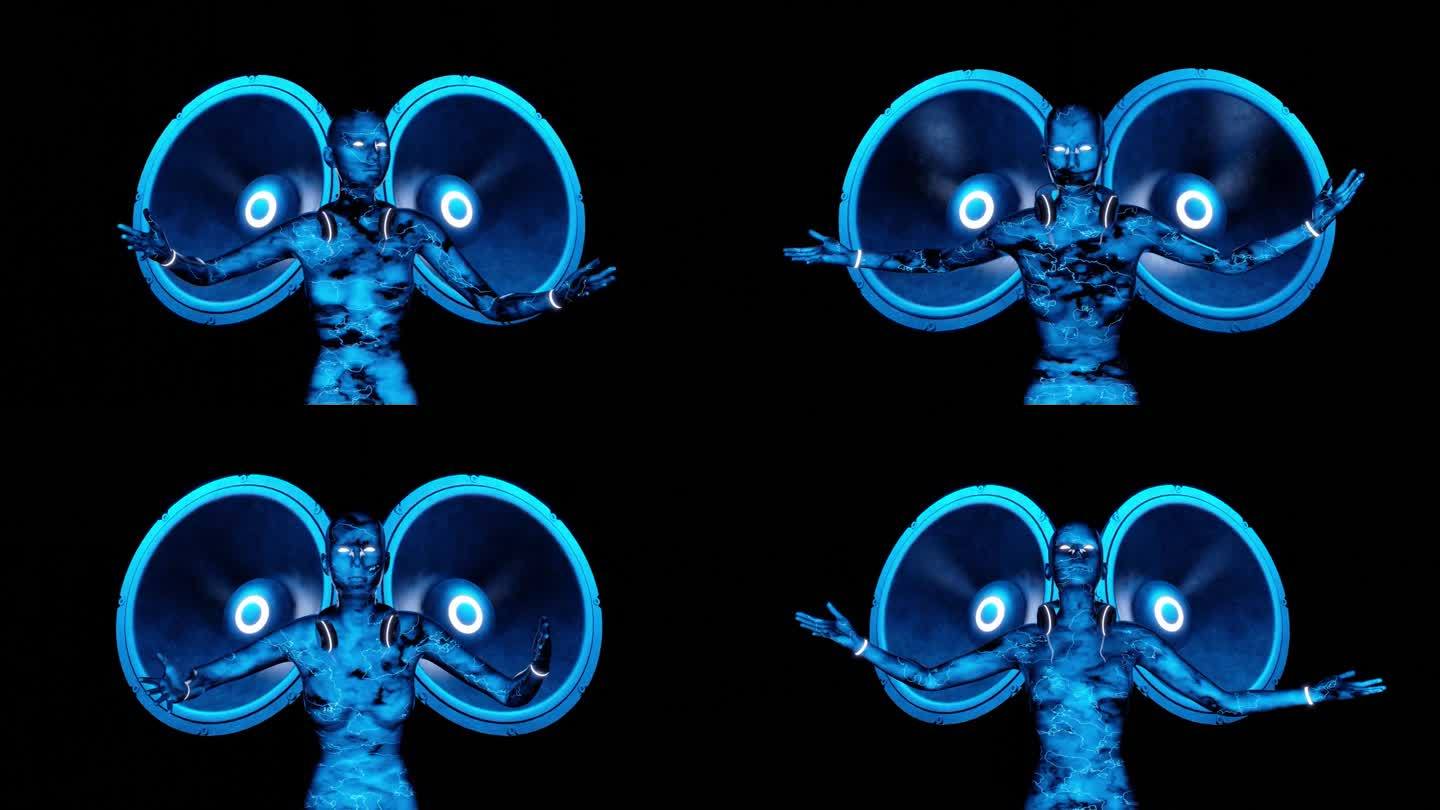 背景黑色和声波动画扬声器和动画蓝色的女性闪闪发光的眼睛dj使响亮的声音音乐循环-库存视频库存视频