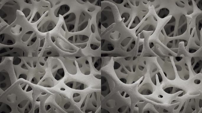 海绵骨组织生长的慢动作特写，扫描电镜，三维动画。