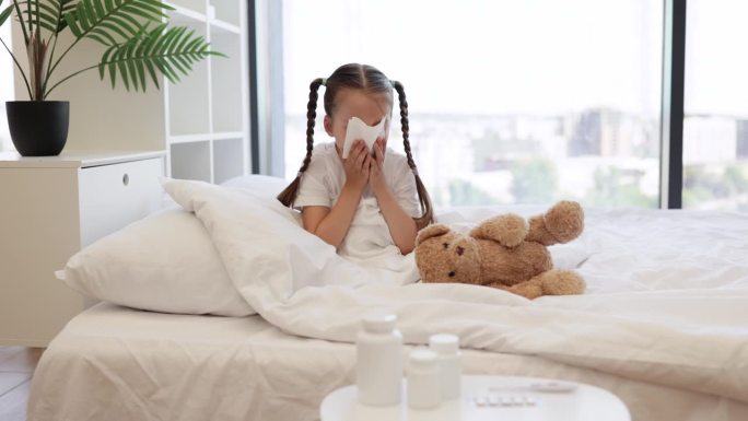 生病的女孩坐在床上用纸巾擦鼻涕