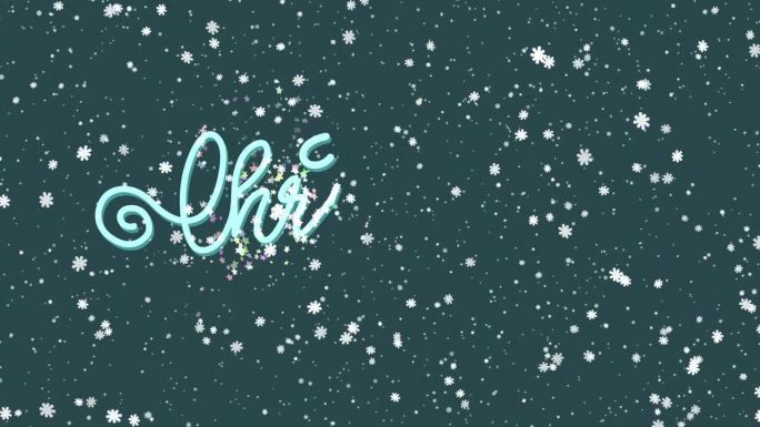 卡通风格的2D动画白雪皑皑的冬季森林与可爱的鹿，舒适的房子，圣诞快乐和新年快乐的天空信息