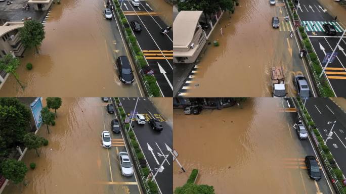 航拍粤西台风雨后洪水过境街道内涝