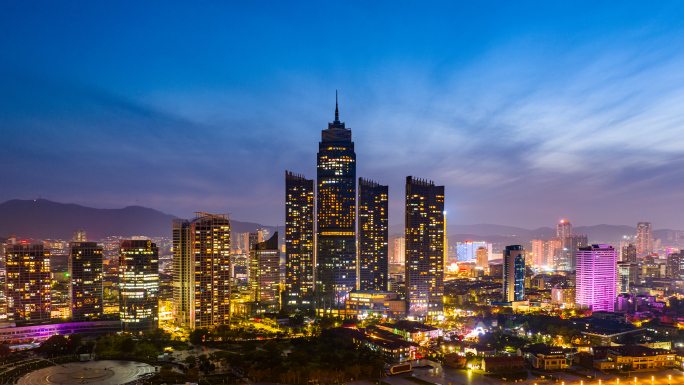 烟台夜景航拍日转夜延时