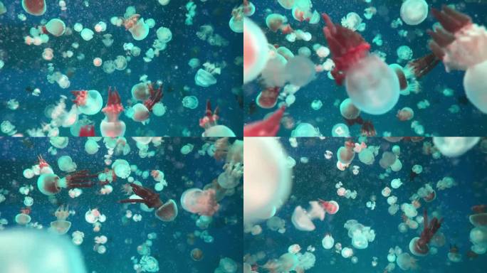 深蓝色的海水里有水母，深海里有水母，水里有很多水母。色彩斑斓的水母。泡泡在水下冒泡。