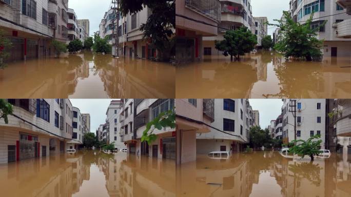 航拍粤西水浸街内涝住宅小区