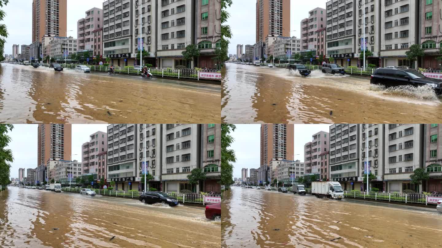 航拍粤西水浸街城市被淹街道内涝
