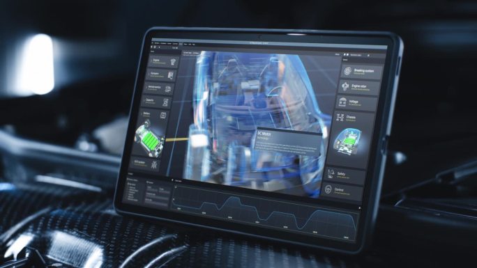 平板电脑屏幕显示汽车诊断软件的三维可视化
