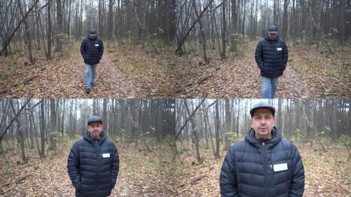 一个50岁的男人走在秋天的森林里，文字说