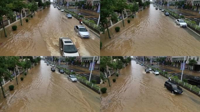 航拍粤西台风后洪峰过境城市街道内涝