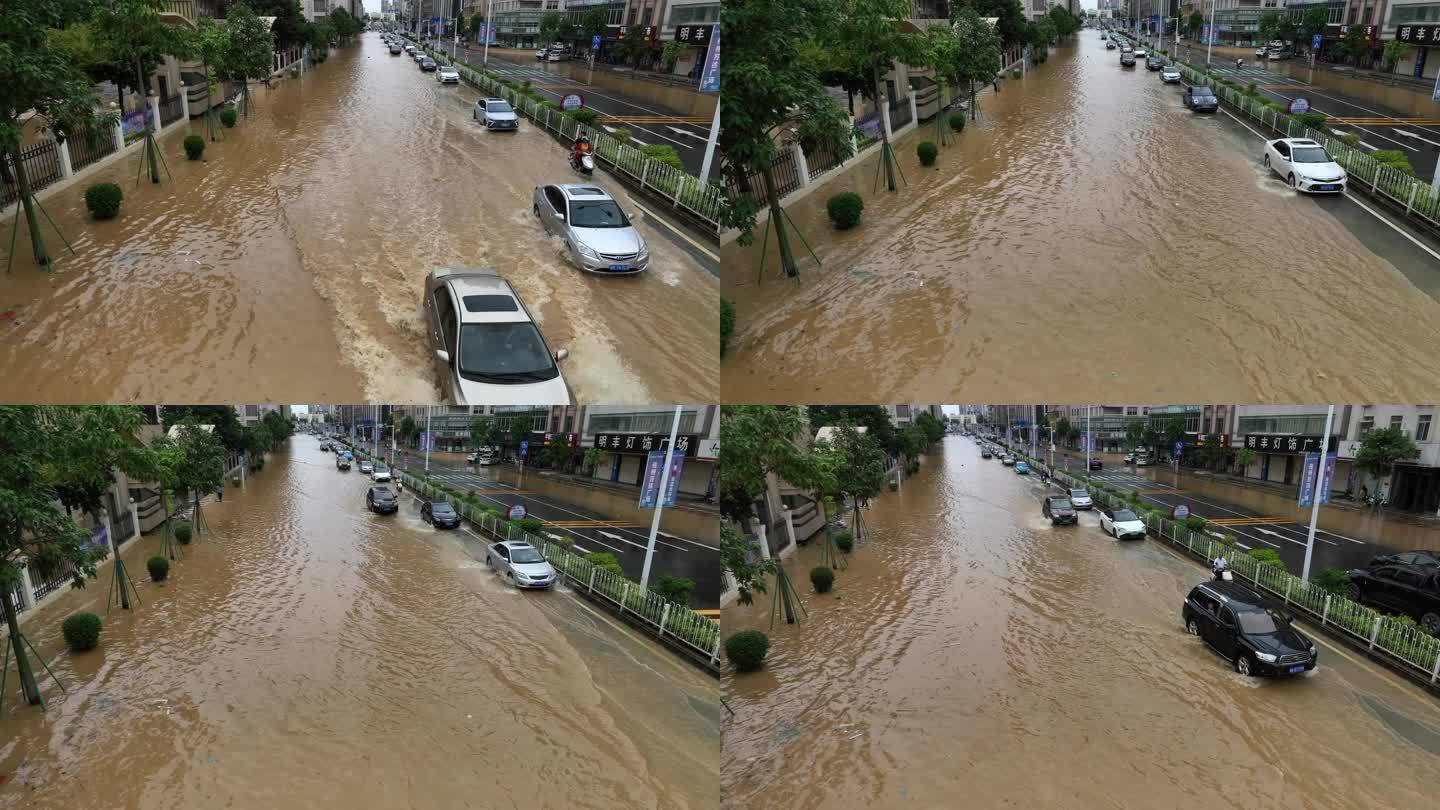 航拍粤西台风后洪峰过境城市街道内涝