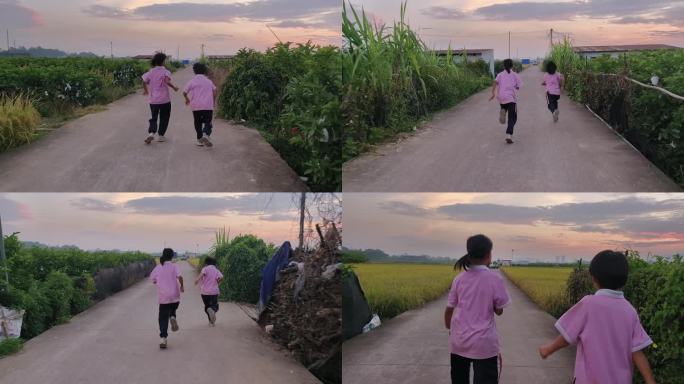农村小孩子 乡间小路跑步 女孩子奔跑
