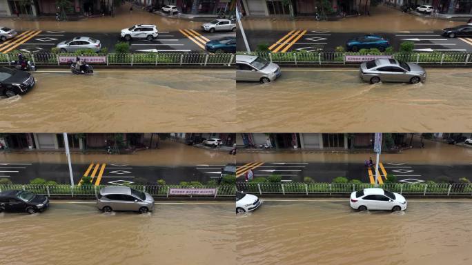 航拍粤西台风雨后洪水过境街道内涝
