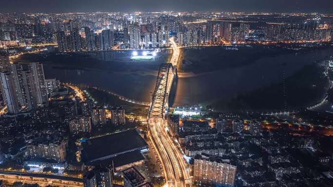 武汉江汉湾桥夜景航拍延时