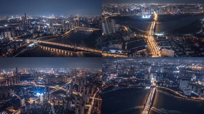 武汉江汉湾桥夜景航拍延时