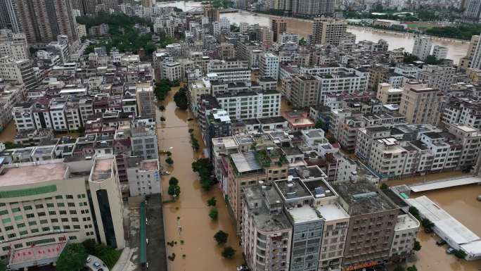 航拍粤西城市被淹街道内涝水浸小区