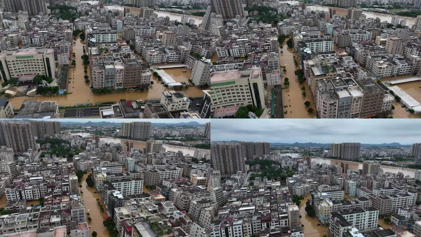 航拍粤西城市被淹街道内涝水浸小区