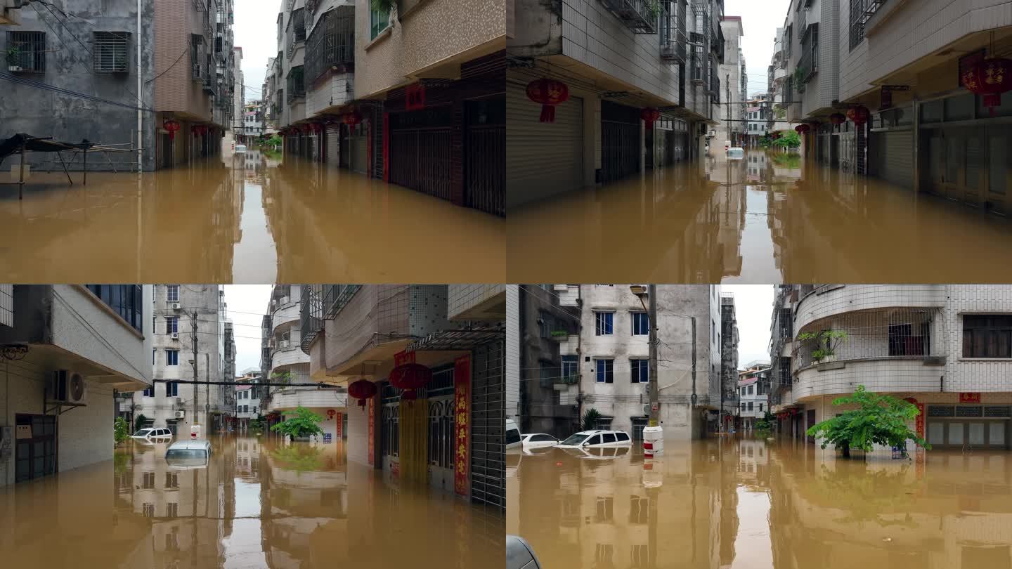 航拍粤西台风雨后水浸居民楼汽车被淹