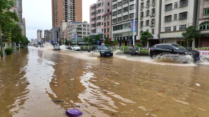 航拍粤西水浸街台风雨后街道水浸