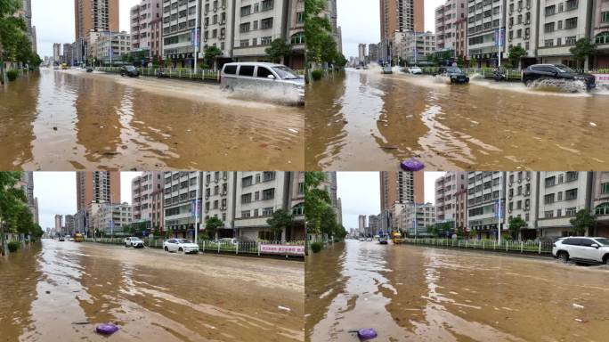 航拍粤西水浸街台风雨后街道水浸