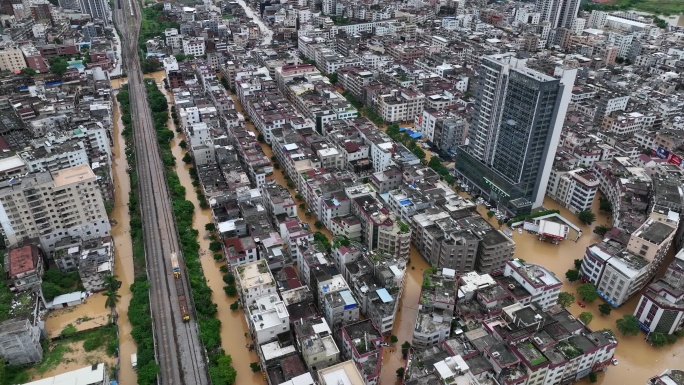 航拍粤西水浸街街道内涝水浸小区