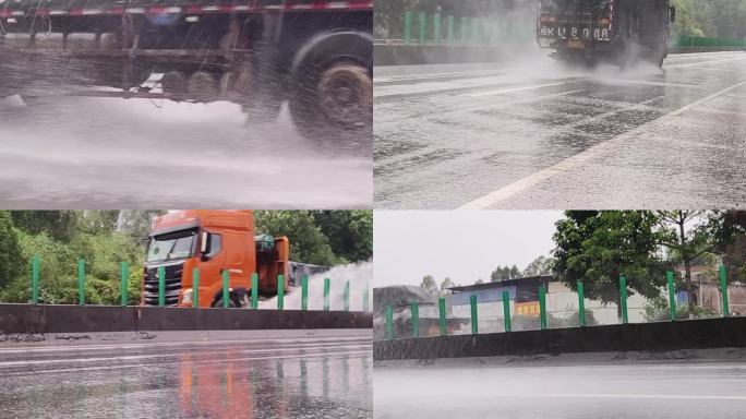 公路雨天行驶的大货车通过雨水积水路段