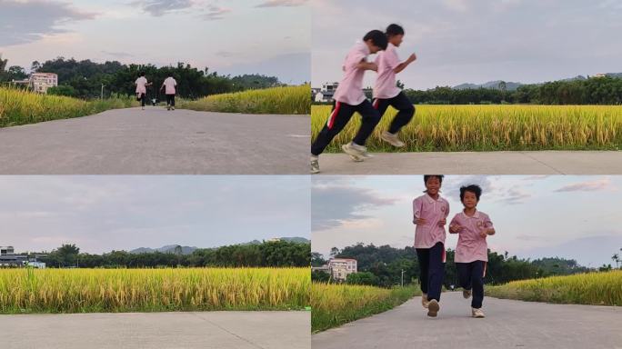 乡间小路跑步女孩子奔跑农村小学生奔跑