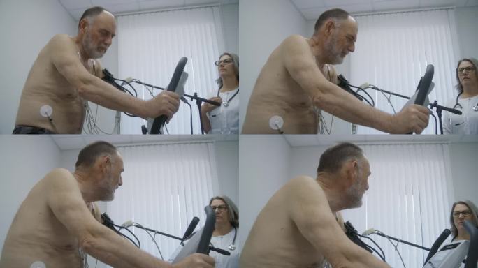 老年男子与动态传感器踏板轨道在心脏病室