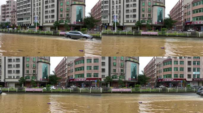 航拍粤西水浸街城市被淹街道内涝