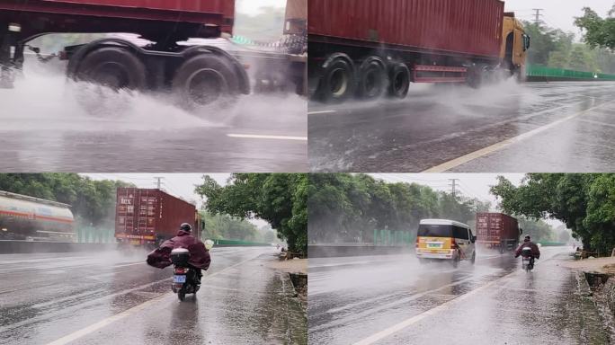 半挂汽车轮胎特写大雨公路 汽车驶过飞溅水