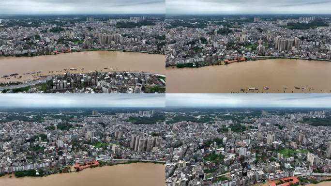 航拍粤西水浸街洪峰过境城市