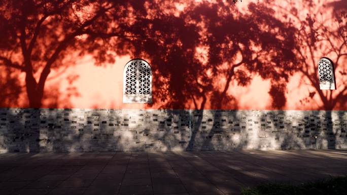 南京鼓楼公园东方元素，阳光下光影和红墙