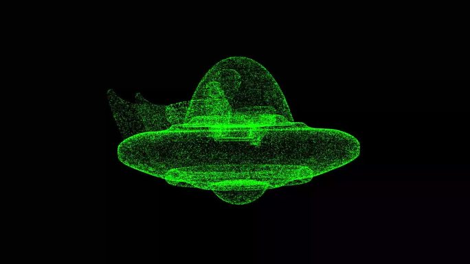 3D UFO在黑色背景上旋转。科幻小说的概念。外星人的飞船。商业广告背景。用于标题，文本，演示。3d