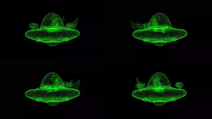 3D UFO在黑色背景上旋转。科幻小说的概念。外星人的飞船。商业广告背景。用于标题，文本，演示。3d