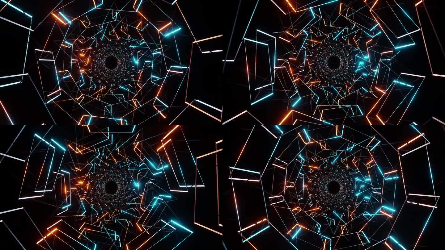 青色和火热的螺旋在两个方向上旋转，就像蜘蛛网3d渲染。图案用于屏幕迪斯科俱乐部，音乐节，广播，dj迪