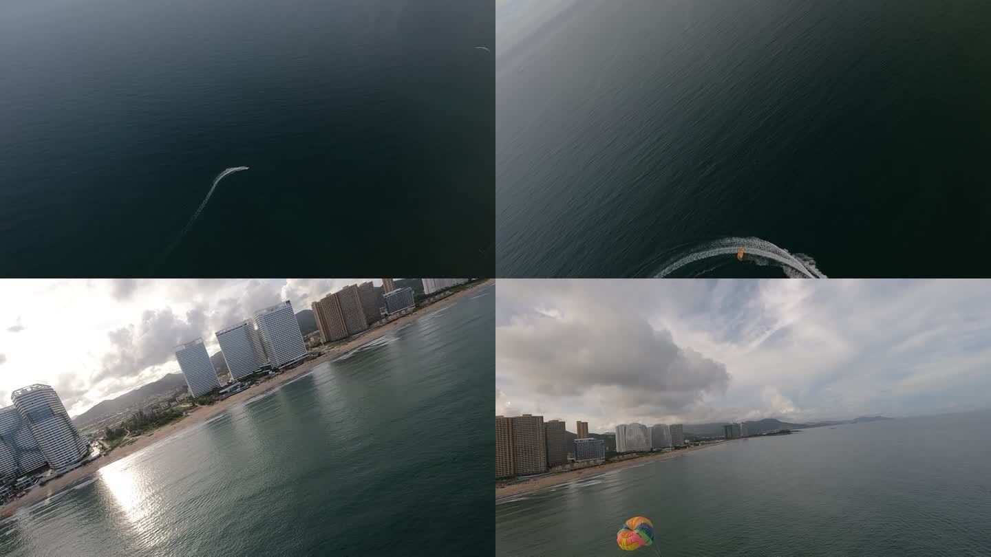 fpv穿越机航拍双月湾海上拖伞海边滑翔伞