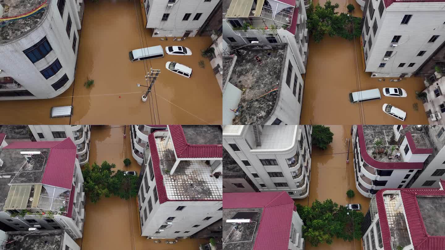 航拍粤西水浸街水浸居民楼小汽车被淹