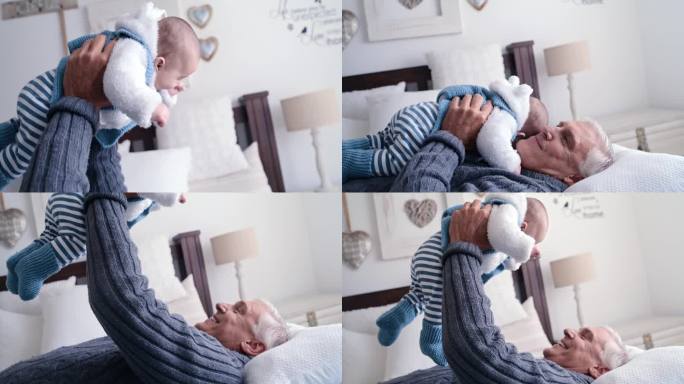 玩，卧室和爷爷在家里与婴儿建立联系，关系和照顾孩子。家庭、托儿和老人带着婴儿、新生儿和儿童在床上发育